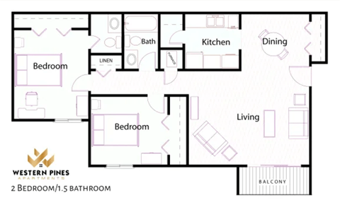 A floor plan of a Western Pines apartment showing two bedrooms and one and a half bathrooms.